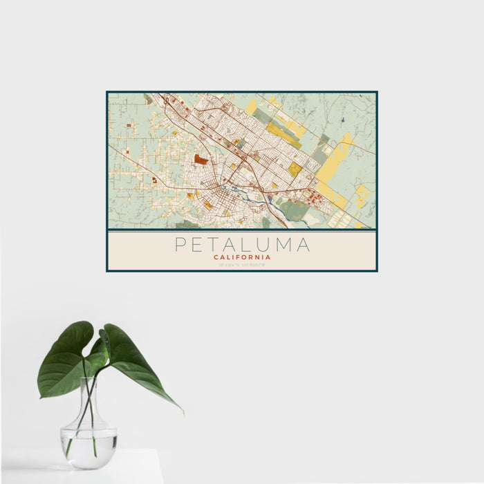 16x24 Petaluma California Map Print Landscape Orientation in Woodblock Style With Tropical Plant Leaves in Water