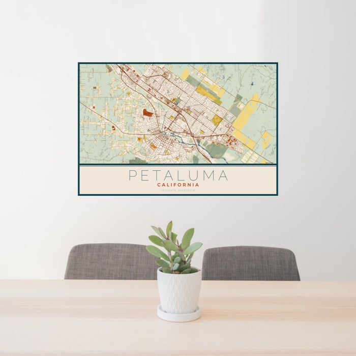 24x36 Petaluma California Map Print Landscape Orientation in Woodblock Style Behind 2 Chairs Table and Potted Plant