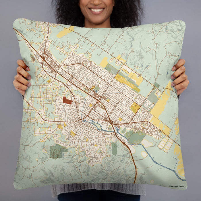 Person holding 22x22 Custom Petaluma California Map Throw Pillow in Woodblock
