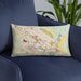 Custom Petaluma California Map Throw Pillow in Woodblock on Blue Colored Chair
