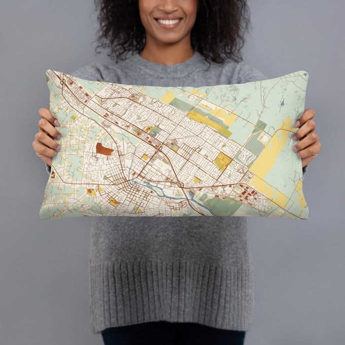 Person holding 20x12 Custom Petaluma California Map Throw Pillow in Woodblock