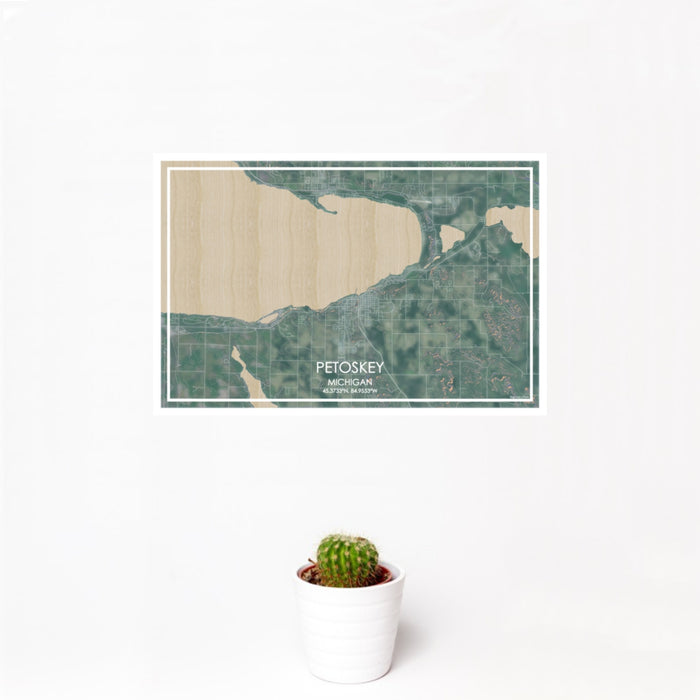 12x18 Petoskey Michigan Map Print Landscape Orientation in Afternoon Style With Small Cactus Plant in White Planter