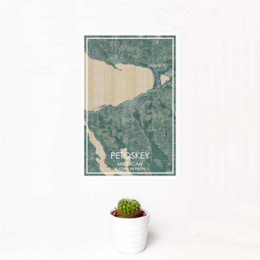 12x18 Petoskey Michigan Map Print Portrait Orientation in Afternoon Style With Small Cactus Plant in White Planter