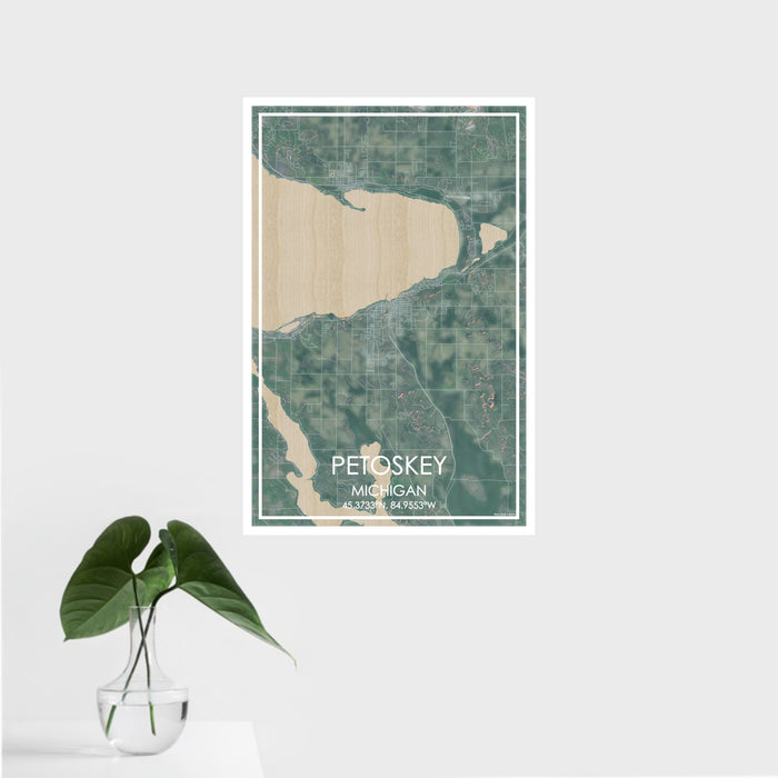 16x24 Petoskey Michigan Map Print Portrait Orientation in Afternoon Style With Tropical Plant Leaves in Water