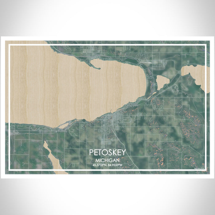 Petoskey Michigan Map Print Landscape Orientation in Afternoon Style With Shaded Background