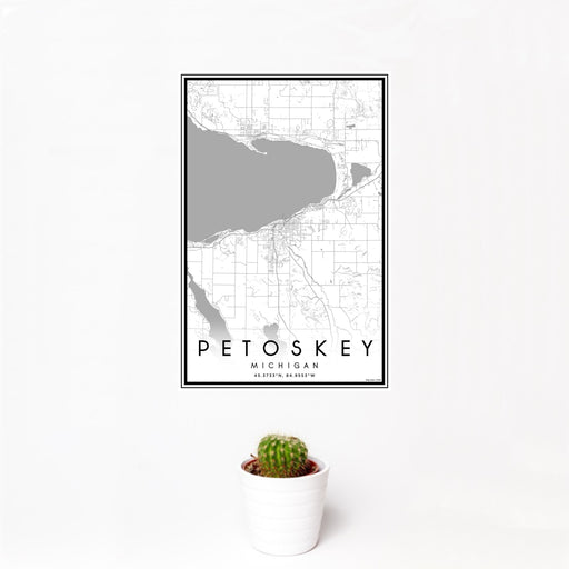 12x18 Petoskey Michigan Map Print Portrait Orientation in Classic Style With Small Cactus Plant in White Planter