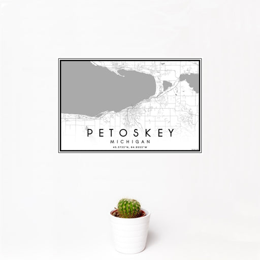 12x18 Petoskey Michigan Map Print Landscape Orientation in Classic Style With Small Cactus Plant in White Planter