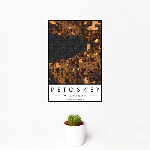 12x18 Petoskey Michigan Map Print Portrait Orientation in Ember Style With Small Cactus Plant in White Planter