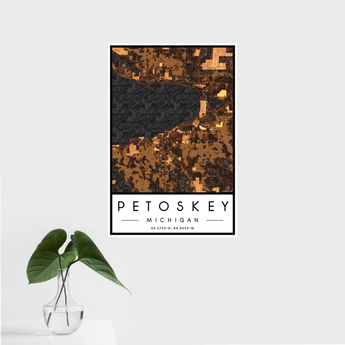 16x24 Petoskey Michigan Map Print Portrait Orientation in Ember Style With Tropical Plant Leaves in Water