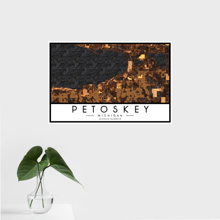 16x24 Petoskey Michigan Map Print Landscape Orientation in Ember Style With Tropical Plant Leaves in Water