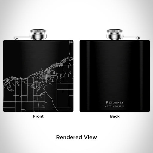 Rendered View of Petoskey Michigan Map Engraving on 6oz Stainless Steel Flask in Black