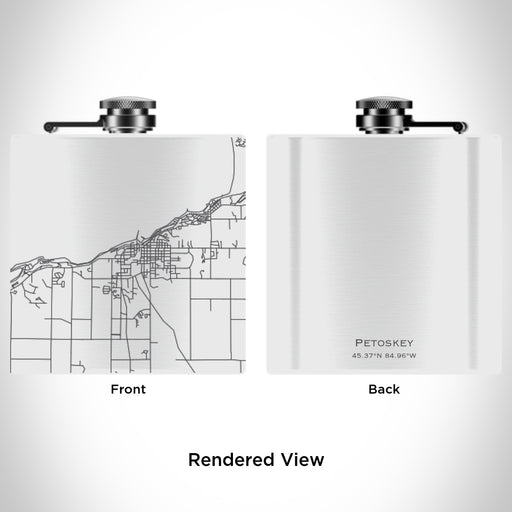 Rendered View of Petoskey Michigan Map Engraving on 6oz Stainless Steel Flask in White