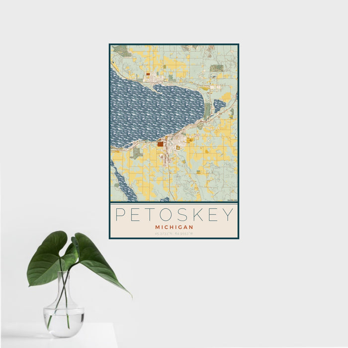 16x24 Petoskey Michigan Map Print Portrait Orientation in Woodblock Style With Tropical Plant Leaves in Water