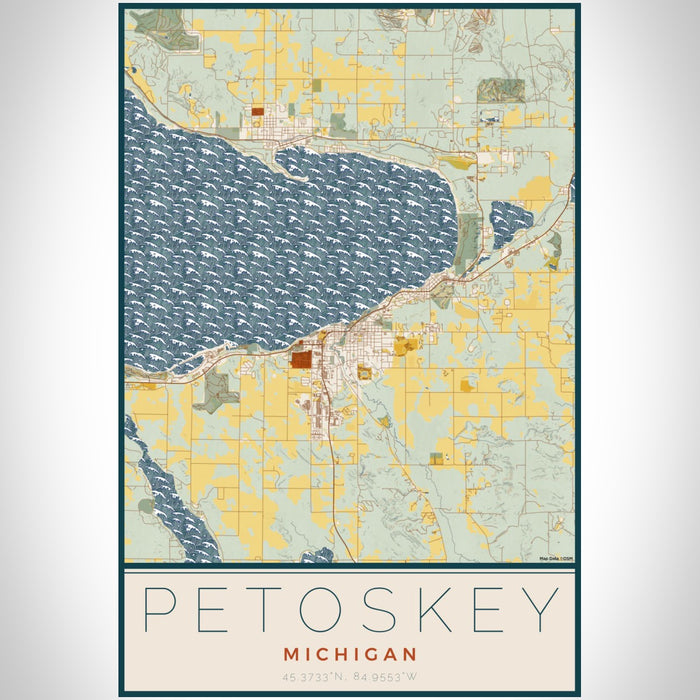 Petoskey Michigan Map Print Portrait Orientation in Woodblock Style With Shaded Background