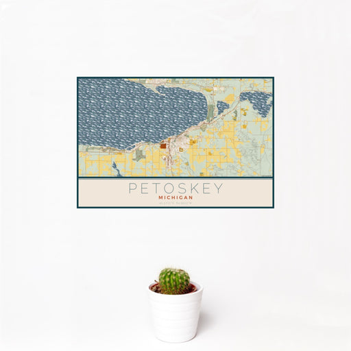 12x18 Petoskey Michigan Map Print Landscape Orientation in Woodblock Style With Small Cactus Plant in White Planter