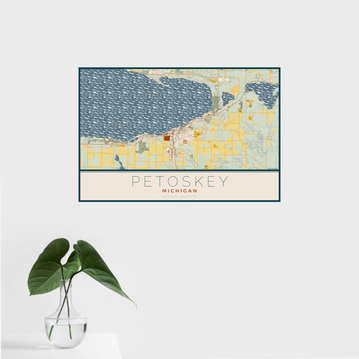 16x24 Petoskey Michigan Map Print Landscape Orientation in Woodblock Style With Tropical Plant Leaves in Water