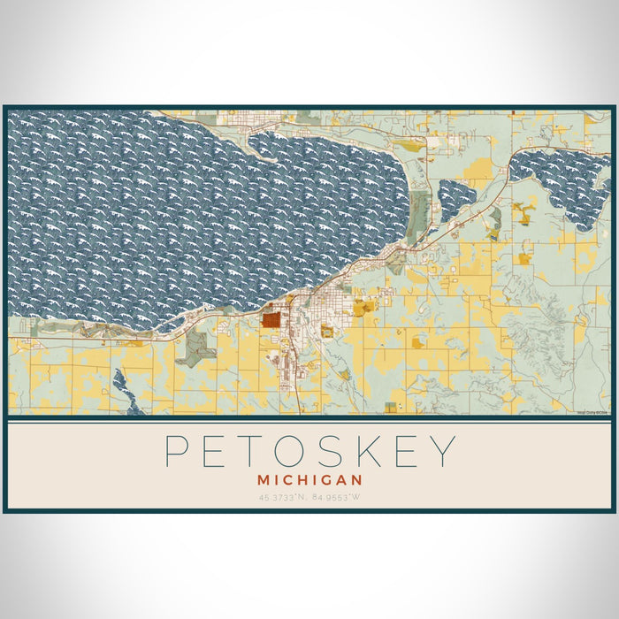 Petoskey Michigan Map Print Landscape Orientation in Woodblock Style With Shaded Background