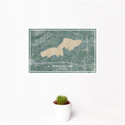 12x18 Pewaukee Lake Wisconsin Map Print Landscape Orientation in Afternoon Style With Small Cactus Plant in White Planter