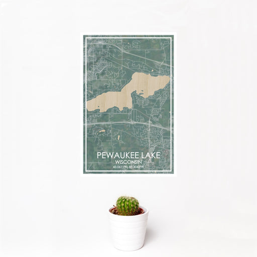 12x18 Pewaukee Lake Wisconsin Map Print Portrait Orientation in Afternoon Style With Small Cactus Plant in White Planter