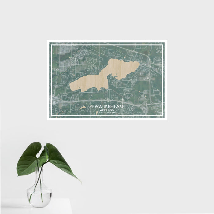 16x24 Pewaukee Lake Wisconsin Map Print Landscape Orientation in Afternoon Style With Tropical Plant Leaves in Water