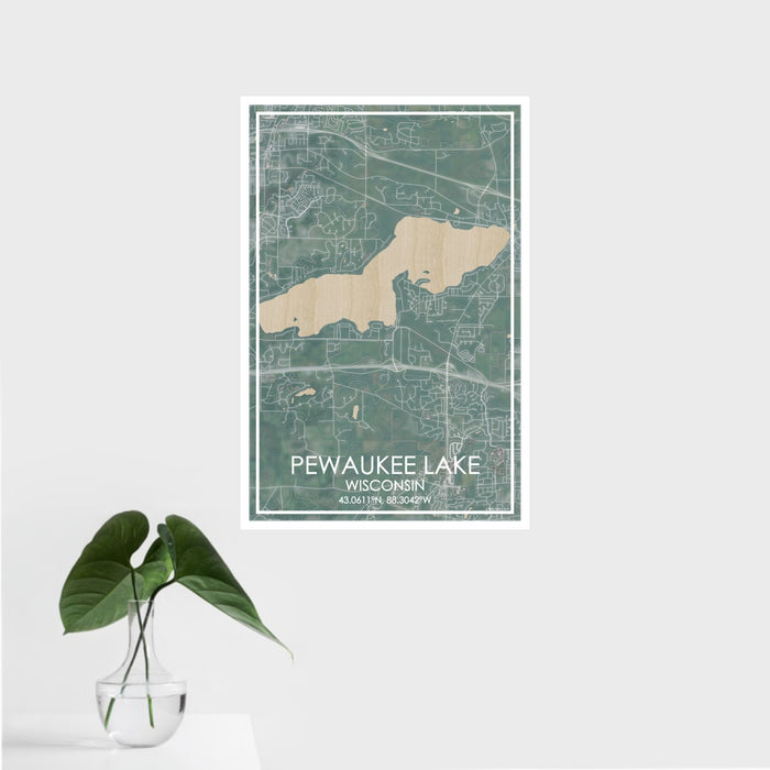 16x24 Pewaukee Lake Wisconsin Map Print Portrait Orientation in Afternoon Style With Tropical Plant Leaves in Water