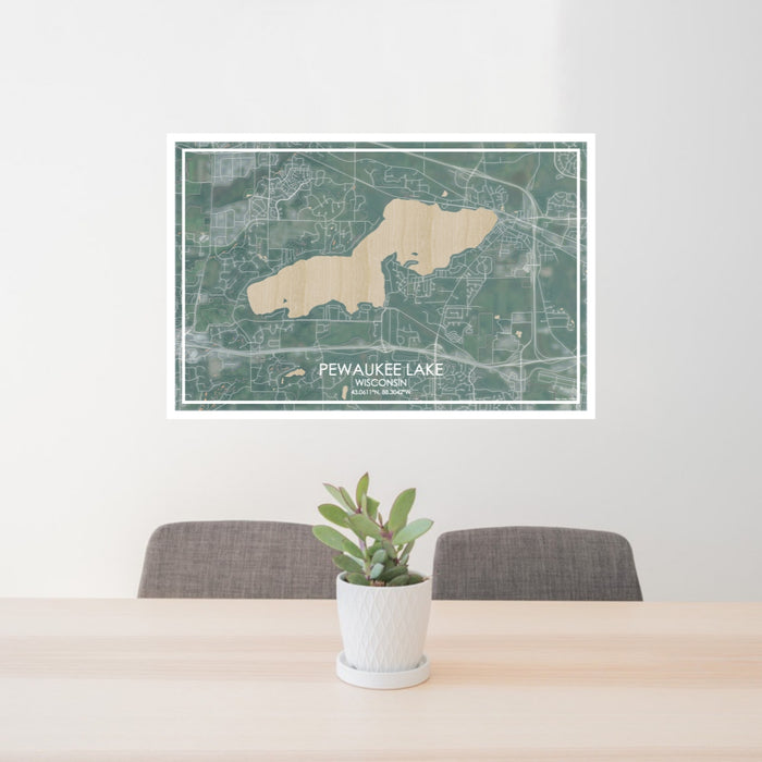 24x36 Pewaukee Lake Wisconsin Map Print Lanscape Orientation in Afternoon Style Behind 2 Chairs Table and Potted Plant