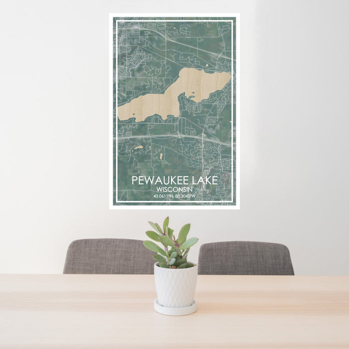 24x36 Pewaukee Lake Wisconsin Map Print Portrait Orientation in Afternoon Style Behind 2 Chairs Table and Potted Plant