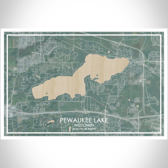 Pewaukee Lake Wisconsin Map Print Landscape Orientation in Afternoon Style With Shaded Background