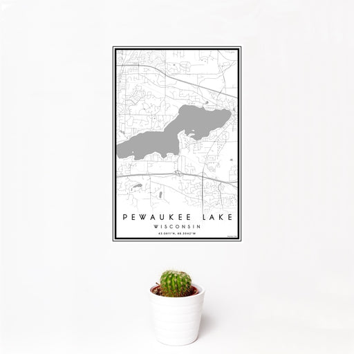 12x18 Pewaukee Lake Wisconsin Map Print Portrait Orientation in Classic Style With Small Cactus Plant in White Planter