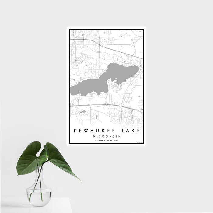 16x24 Pewaukee Lake Wisconsin Map Print Portrait Orientation in Classic Style With Tropical Plant Leaves in Water