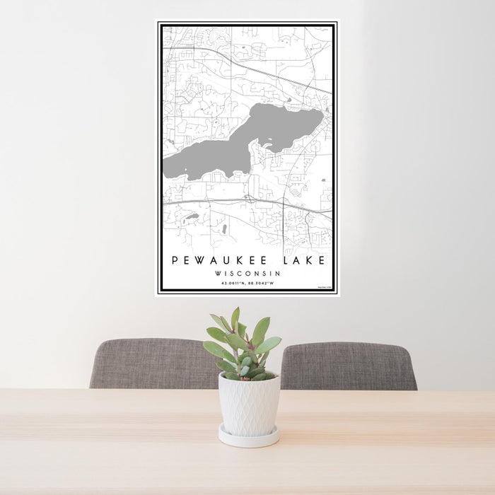 24x36 Pewaukee Lake Wisconsin Map Print Portrait Orientation in Classic Style Behind 2 Chairs Table and Potted Plant