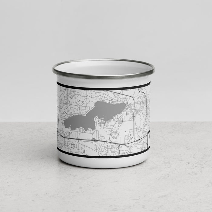 Front View Custom Pewaukee Lake Wisconsin Map Enamel Mug in Classic