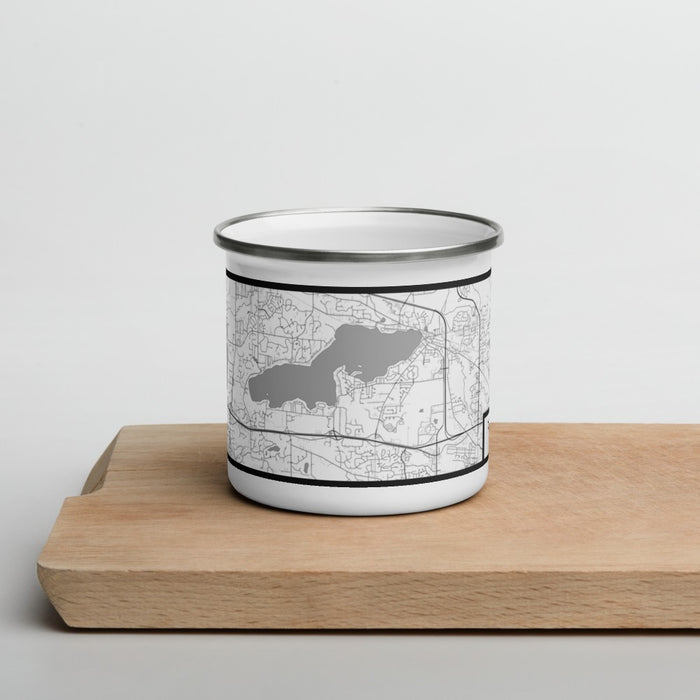 Front View Custom Pewaukee Lake Wisconsin Map Enamel Mug in Classic on Cutting Board