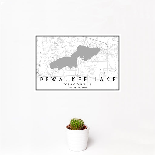 12x18 Pewaukee Lake Wisconsin Map Print Landscape Orientation in Classic Style With Small Cactus Plant in White Planter