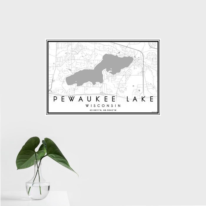16x24 Pewaukee Lake Wisconsin Map Print Landscape Orientation in Classic Style With Tropical Plant Leaves in Water