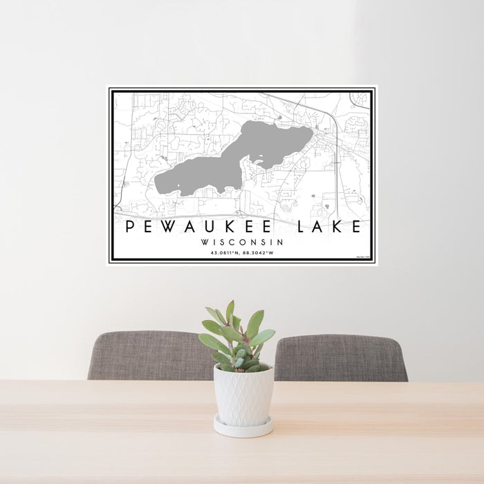 24x36 Pewaukee Lake Wisconsin Map Print Landscape Orientation in Classic Style Behind 2 Chairs Table and Potted Plant