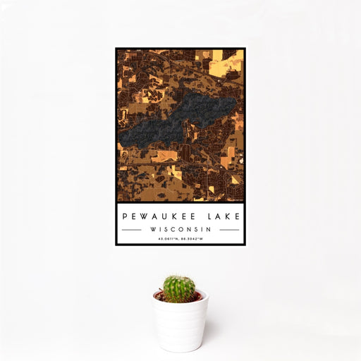12x18 Pewaukee Lake Wisconsin Map Print Portrait Orientation in Ember Style With Small Cactus Plant in White Planter