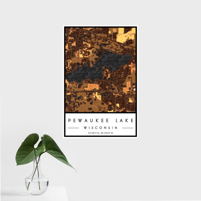 16x24 Pewaukee Lake Wisconsin Map Print Portrait Orientation in Ember Style With Tropical Plant Leaves in Water
