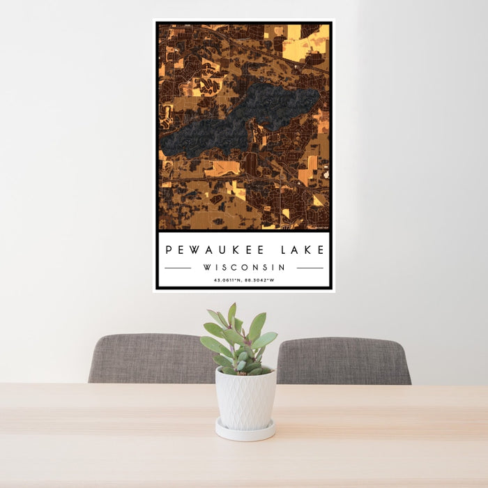 24x36 Pewaukee Lake Wisconsin Map Print Portrait Orientation in Ember Style Behind 2 Chairs Table and Potted Plant