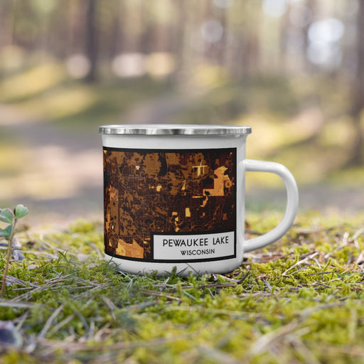 Right View Custom Pewaukee Lake Wisconsin Map Enamel Mug in Ember on Grass With Trees in Background