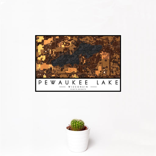 12x18 Pewaukee Lake Wisconsin Map Print Landscape Orientation in Ember Style With Small Cactus Plant in White Planter