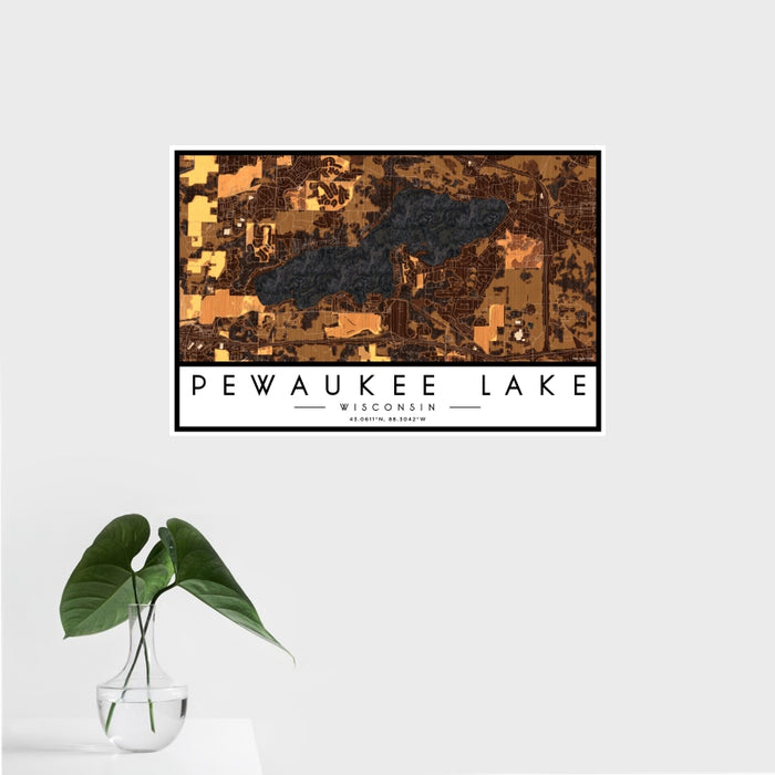 16x24 Pewaukee Lake Wisconsin Map Print Landscape Orientation in Ember Style With Tropical Plant Leaves in Water