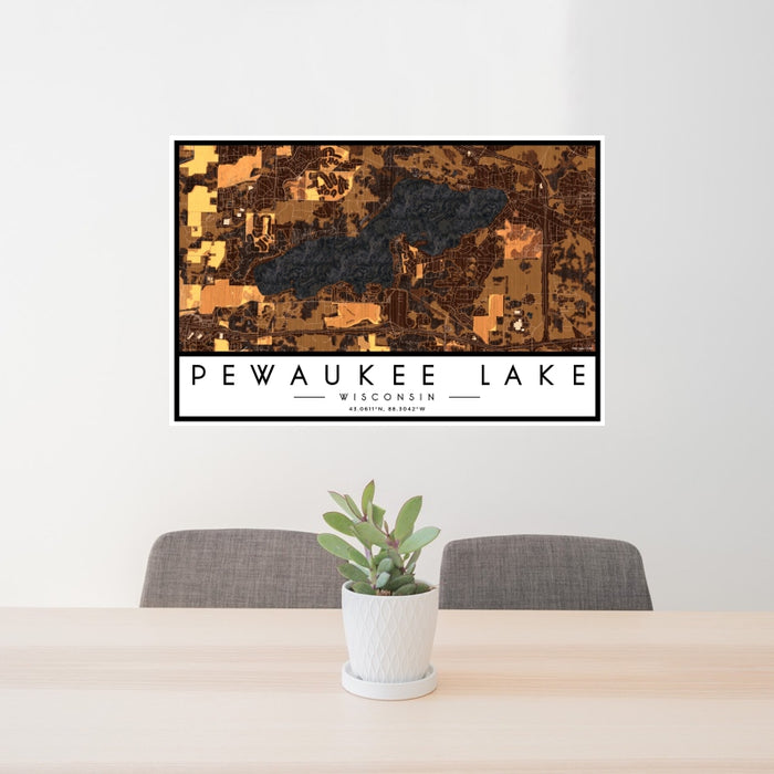 24x36 Pewaukee Lake Wisconsin Map Print Landscape Orientation in Ember Style Behind 2 Chairs Table and Potted Plant