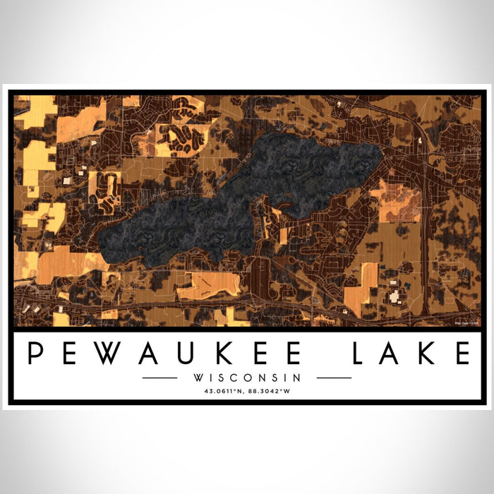 Pewaukee Lake Wisconsin Map Print Landscape Orientation in Ember Style With Shaded Background