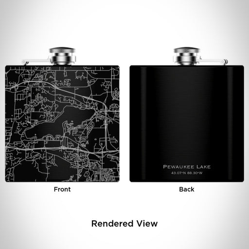 Rendered View of Pewaukee Lake Wisconsin Map Engraving on 6oz Stainless Steel Flask in Black