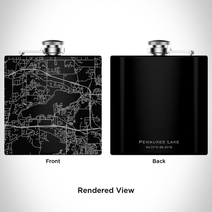 Rendered View of Pewaukee Lake Wisconsin Map Engraving on 6oz Stainless Steel Flask in Black