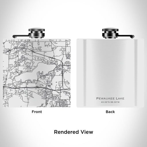 Rendered View of Pewaukee Lake Wisconsin Map Engraving on 6oz Stainless Steel Flask in White