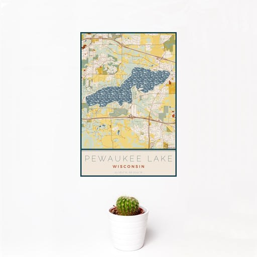 12x18 Pewaukee Lake Wisconsin Map Print Portrait Orientation in Woodblock Style With Small Cactus Plant in White Planter