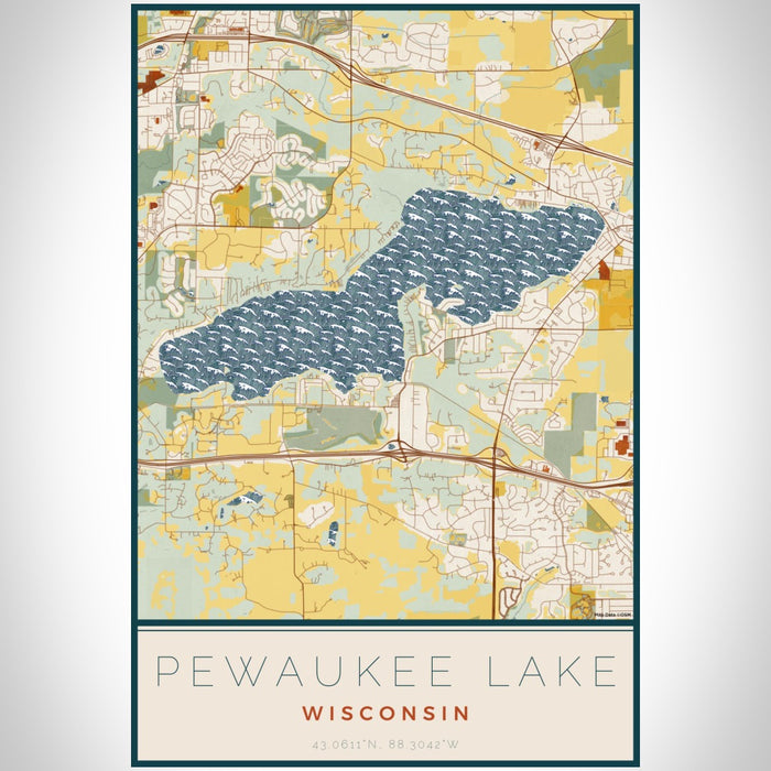Pewaukee Lake Wisconsin Map Print Portrait Orientation in Woodblock Style With Shaded Background