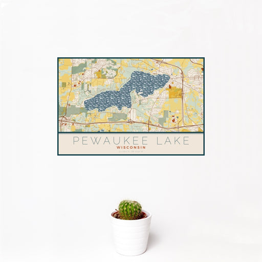12x18 Pewaukee Lake Wisconsin Map Print Landscape Orientation in Woodblock Style With Small Cactus Plant in White Planter